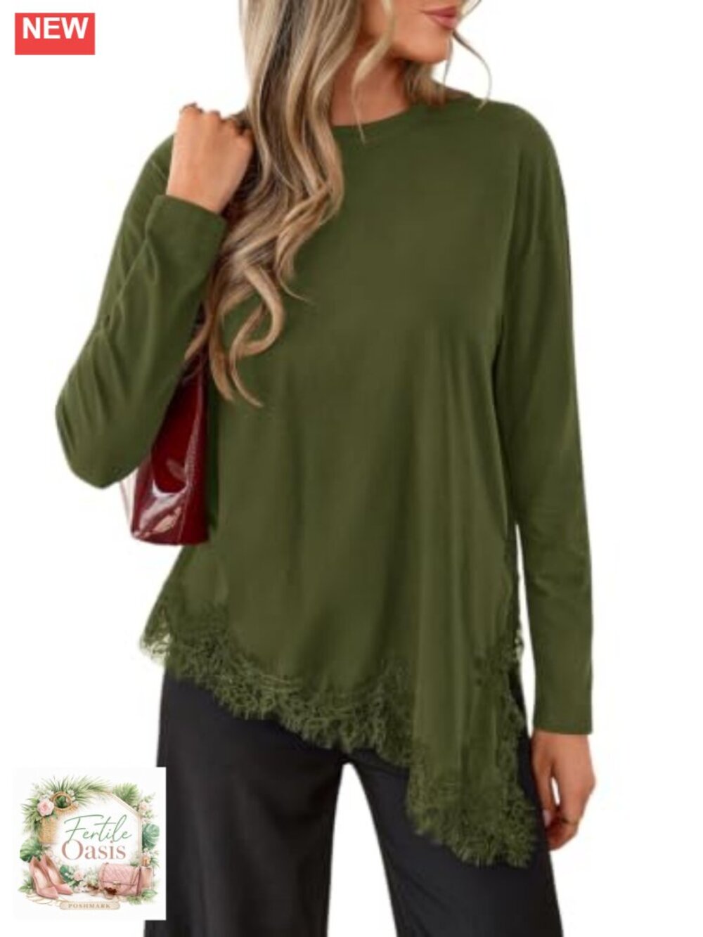 Women's Long Sleeve Lace Trim Asymmetrical Blouse Tunic Fall Crew Neck Top